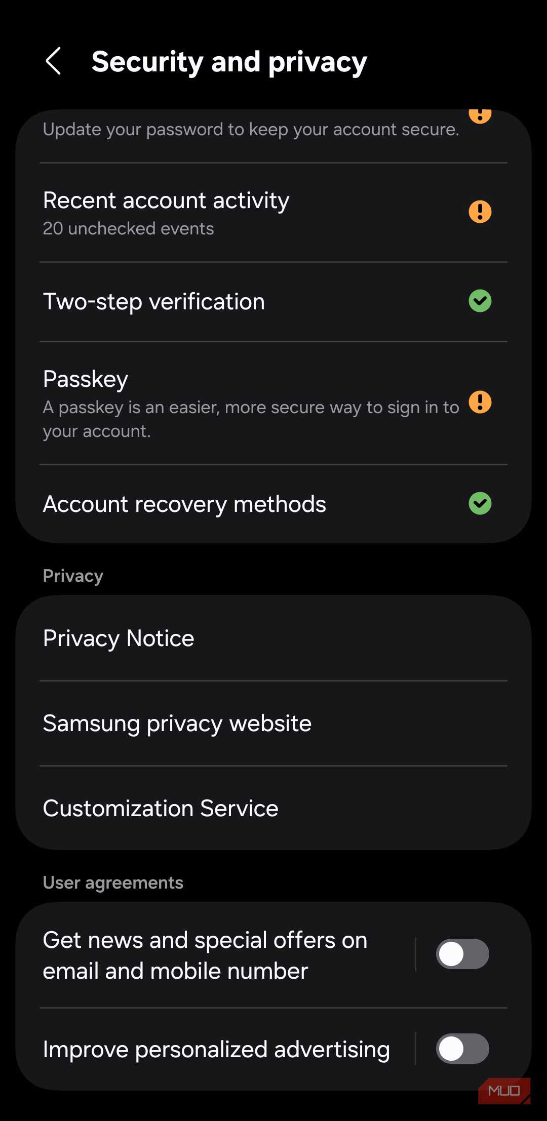 Samsung account privacy settings