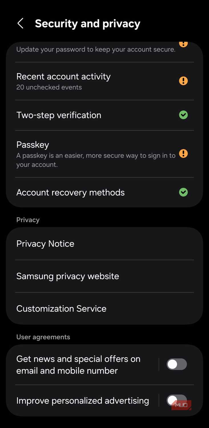 Samsung account privacy settings