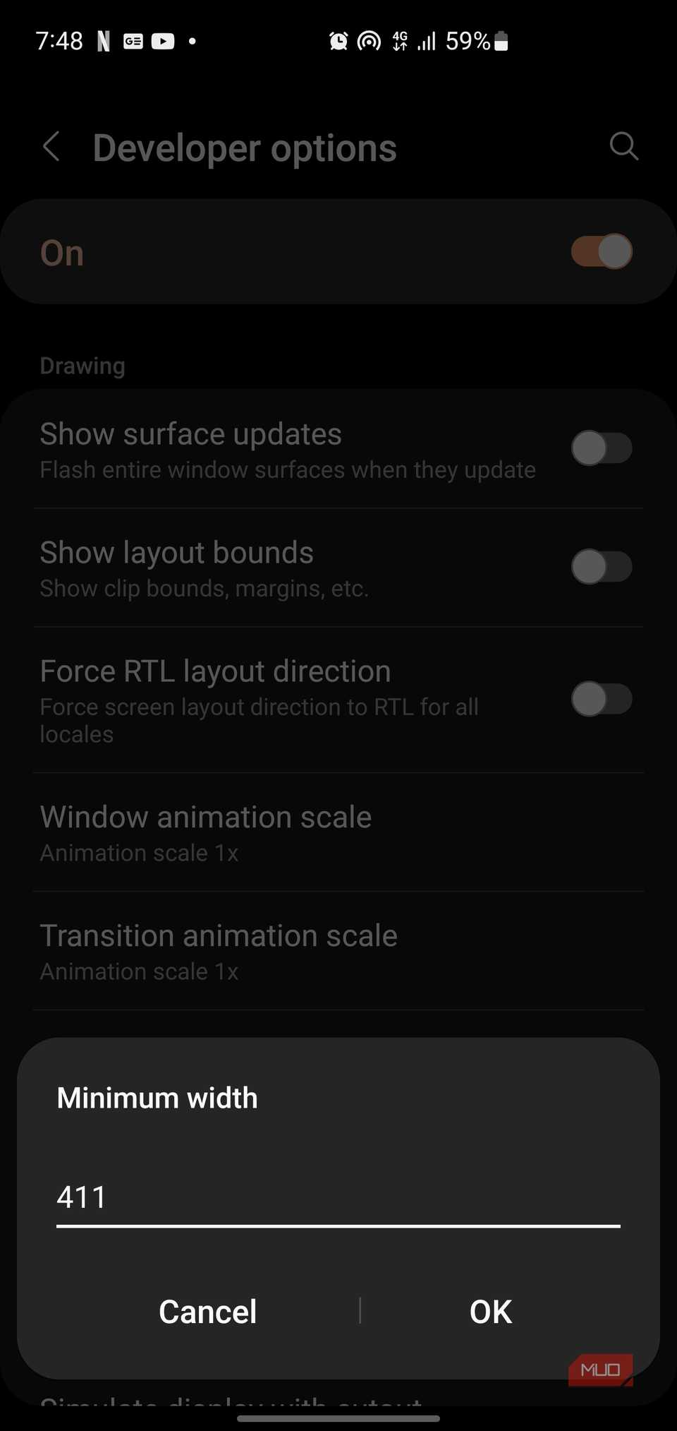 منوی گزینههای توسعهدهنده سامسونگ که پنجرهٔ پاپآپ تنظیمات «حداقل عرض» را با مقدار ۴۱۱ نشان میدهد