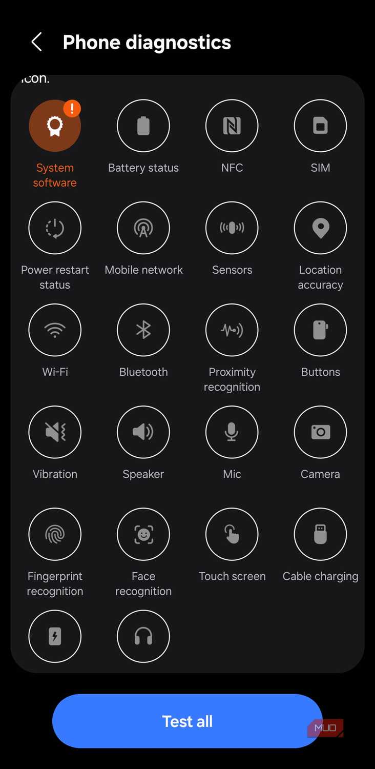 Samsung Members app diagnostics tab on phone