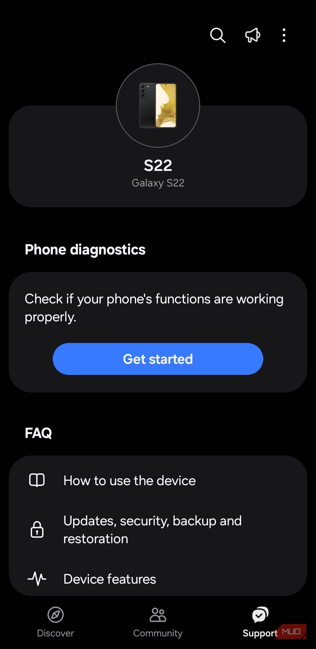 Samsung Members app support tab on phone
