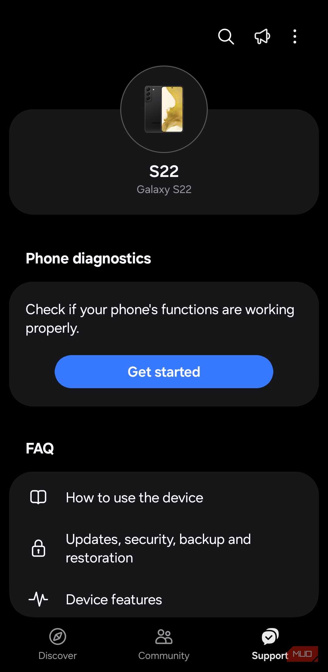 Samsung Members app support tab on phone