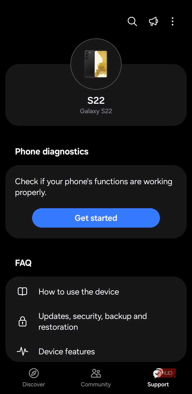 Samsung Members app support tab on phone