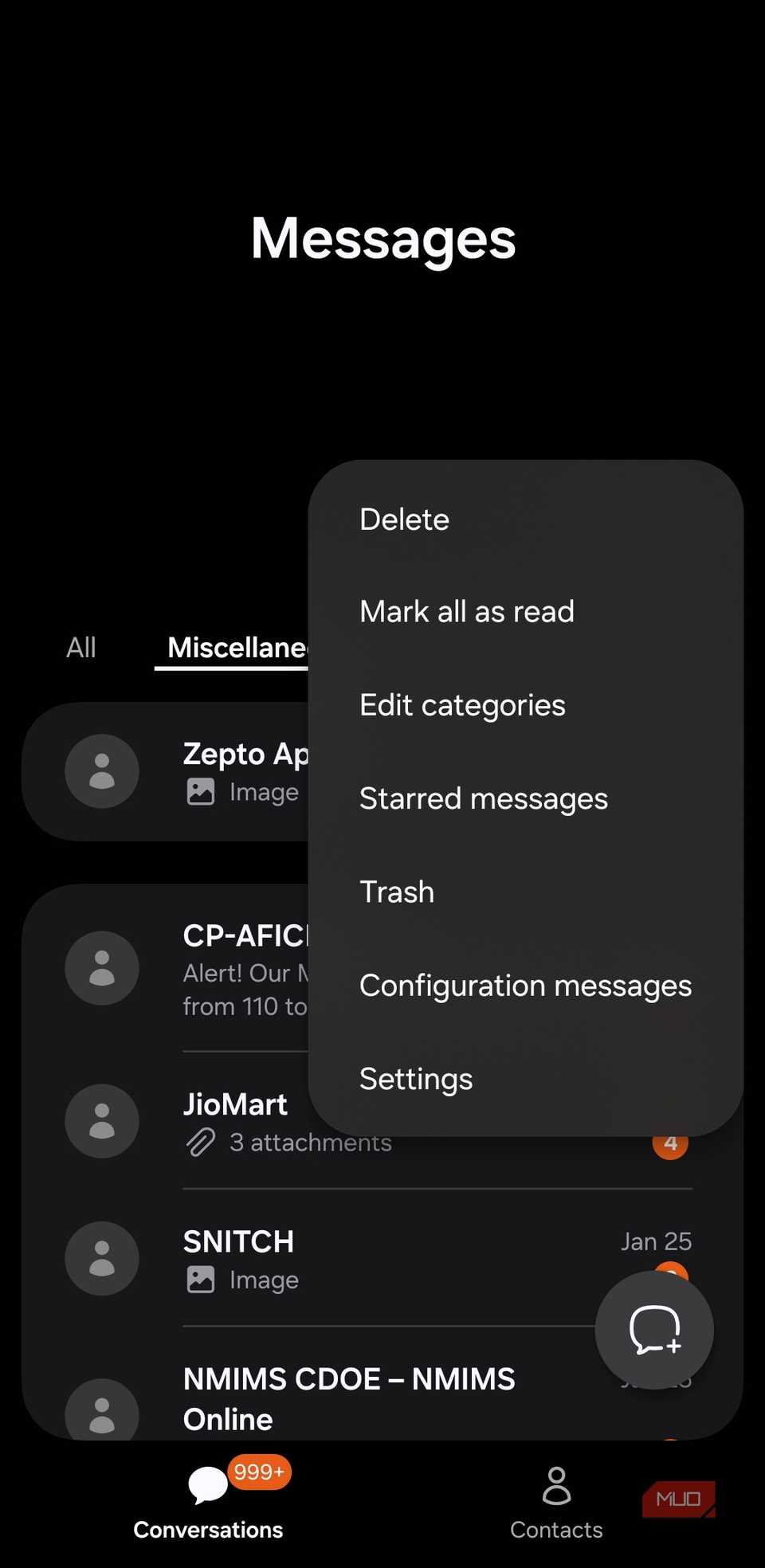 Menú de la aplicación Samsung Mensajes