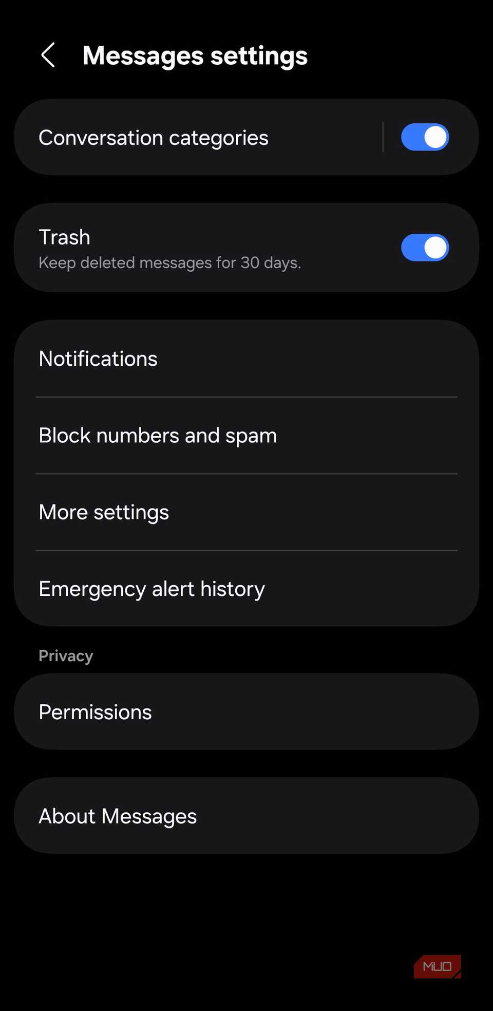 Menú de configuración de la aplicación Samsung Messages
