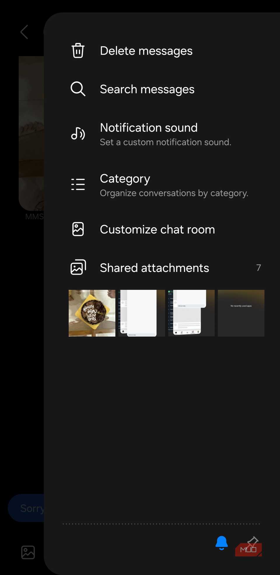 Opciones de chat de Mensajes de Samsung
