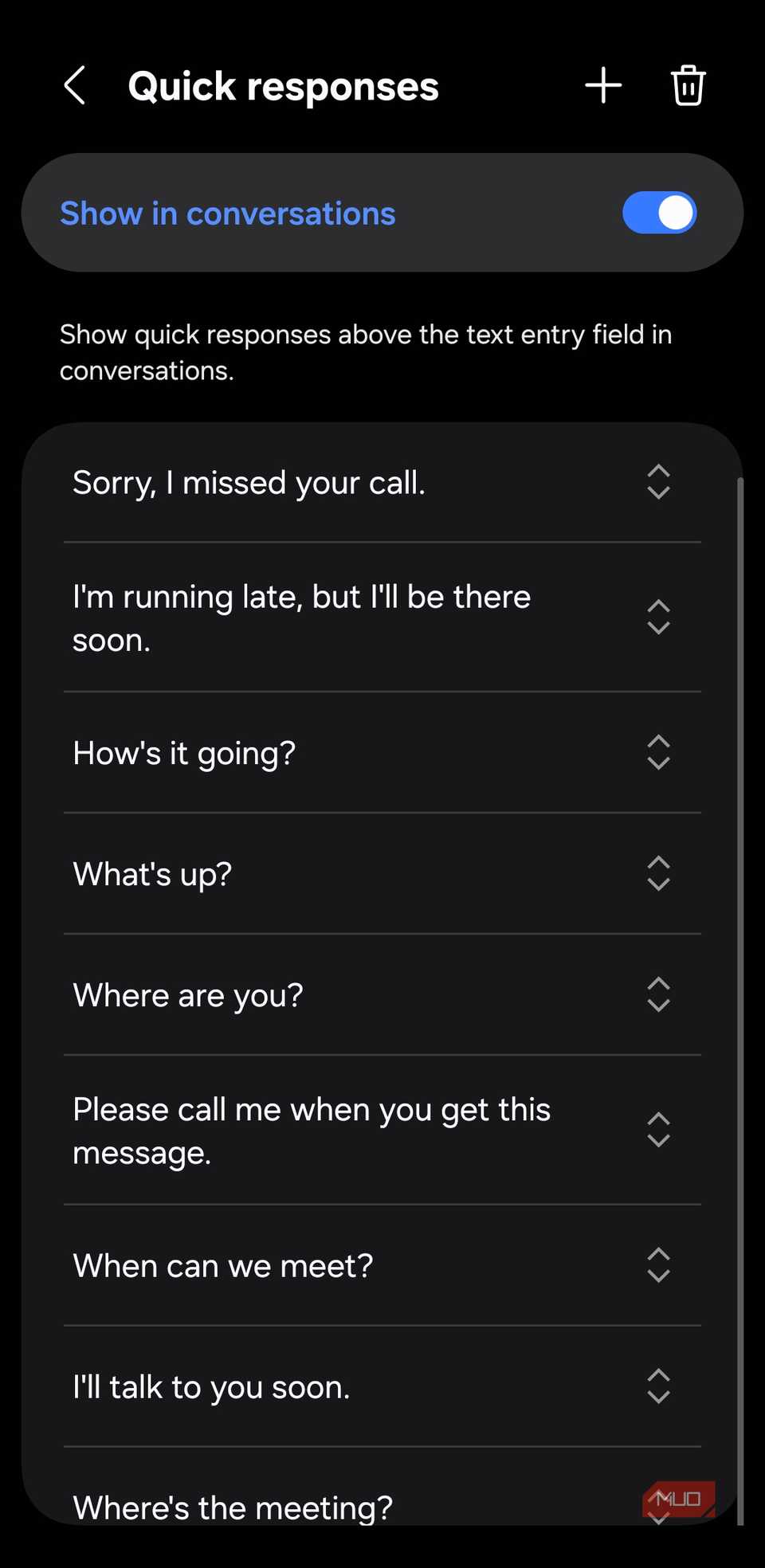 Respuestas rápidas de mensajes de Samsung