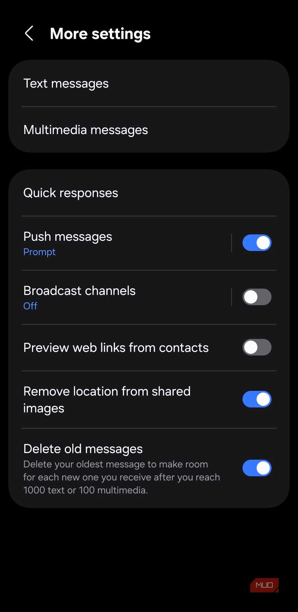 Menú de configuración de Mensajes de Samsung