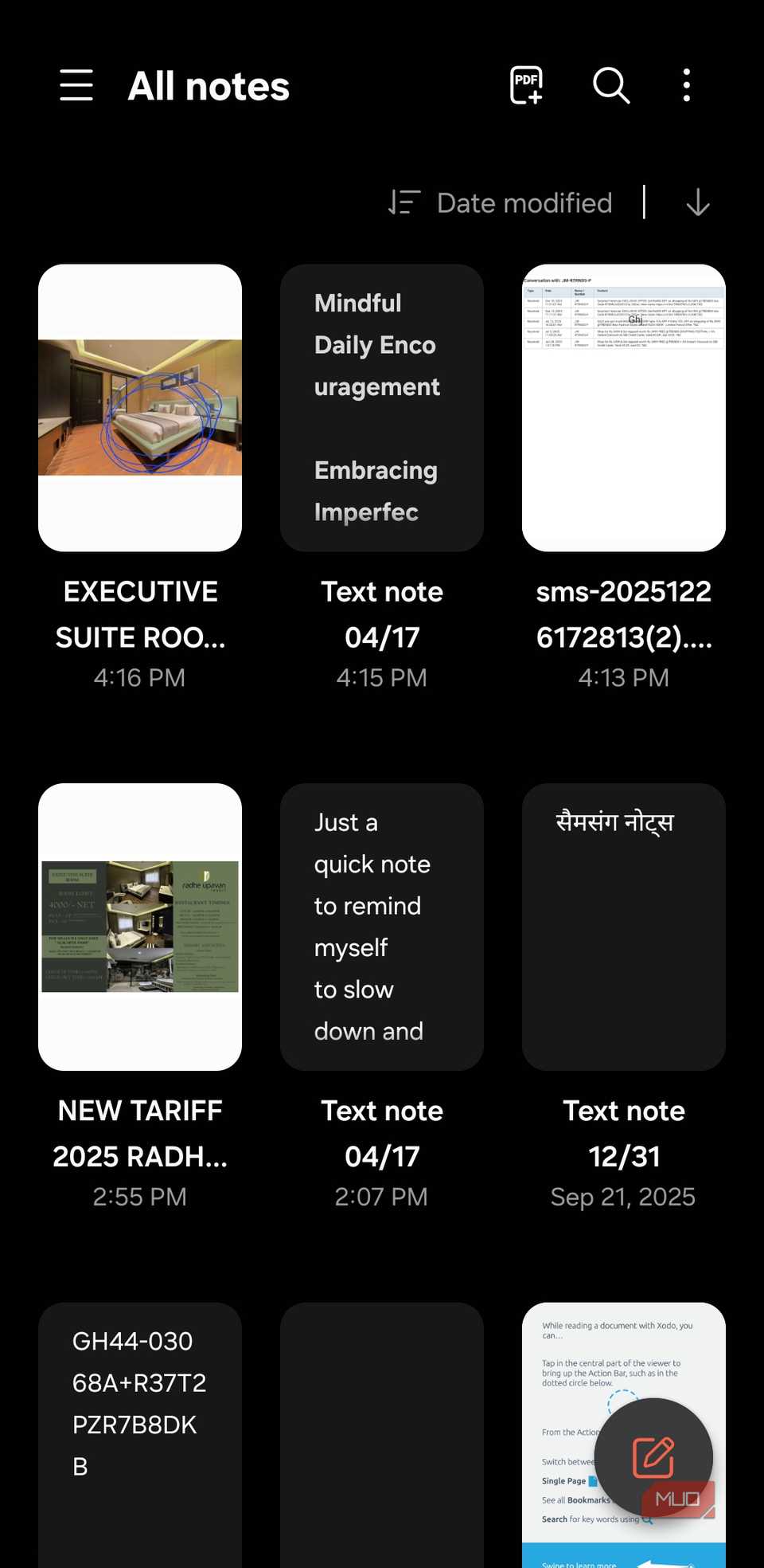 Samsung Notes app home screen