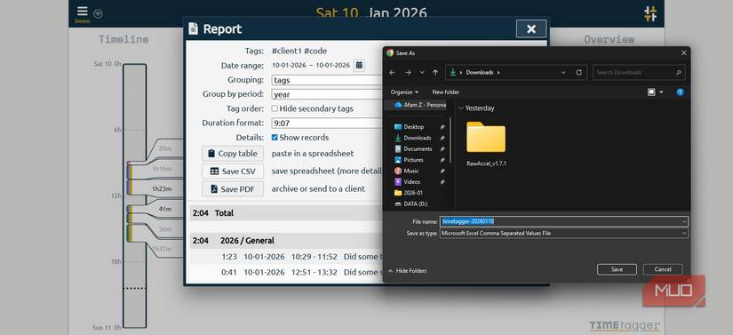 Guardar informes TimeTagger como CSV