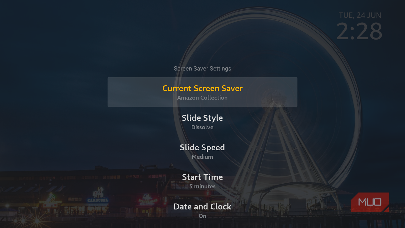 Screensaver menu in Fire TV