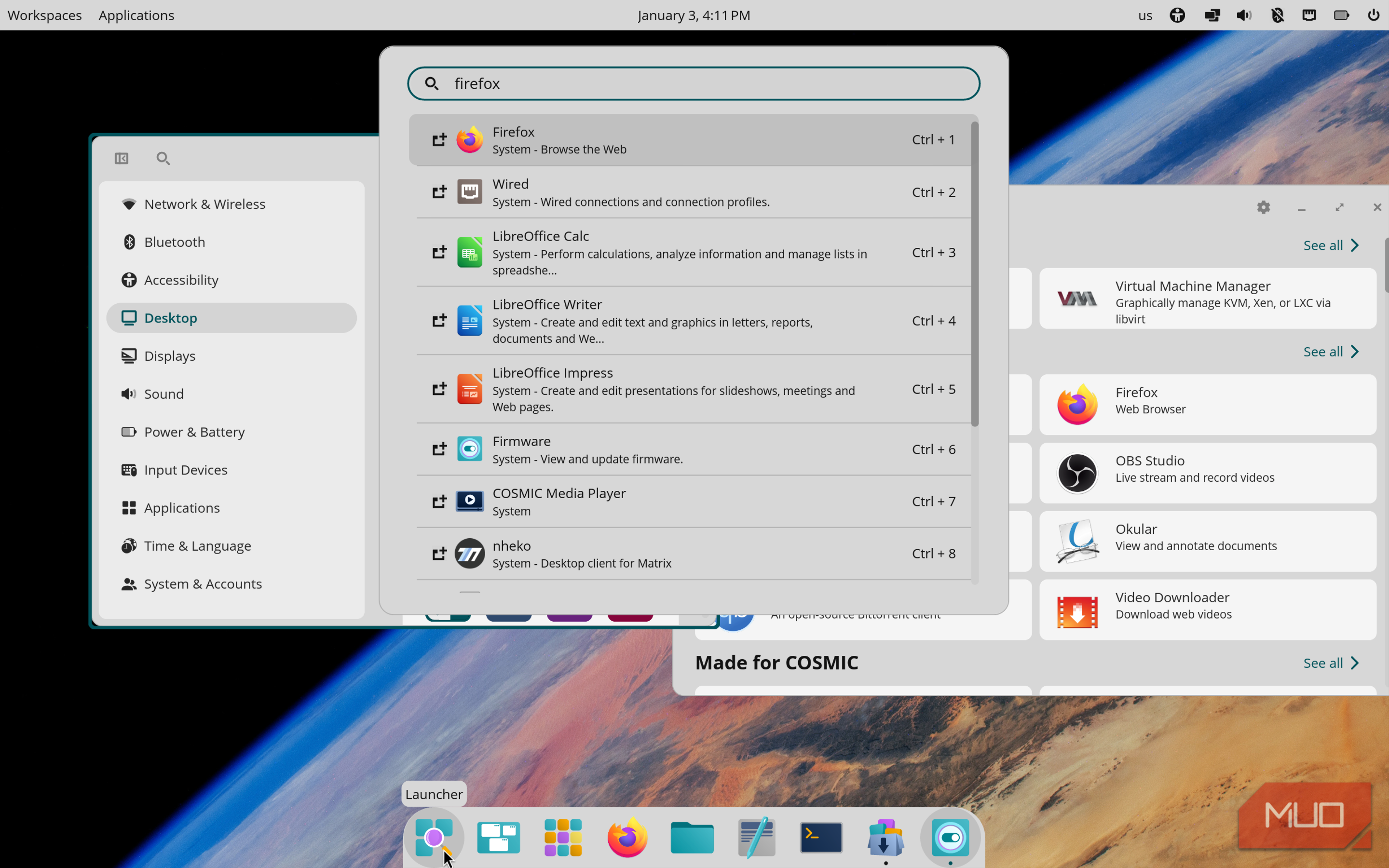 Fedora COSMIC running multiple apps with the app launcher open