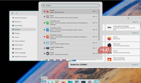 Fedora COSMIC running multiple apps with the app launcher open