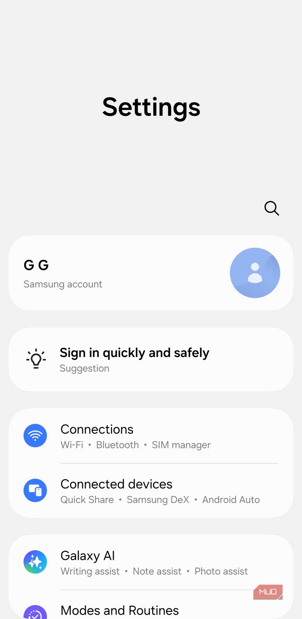 Aplicación de configuración en el teléfono Galaxy