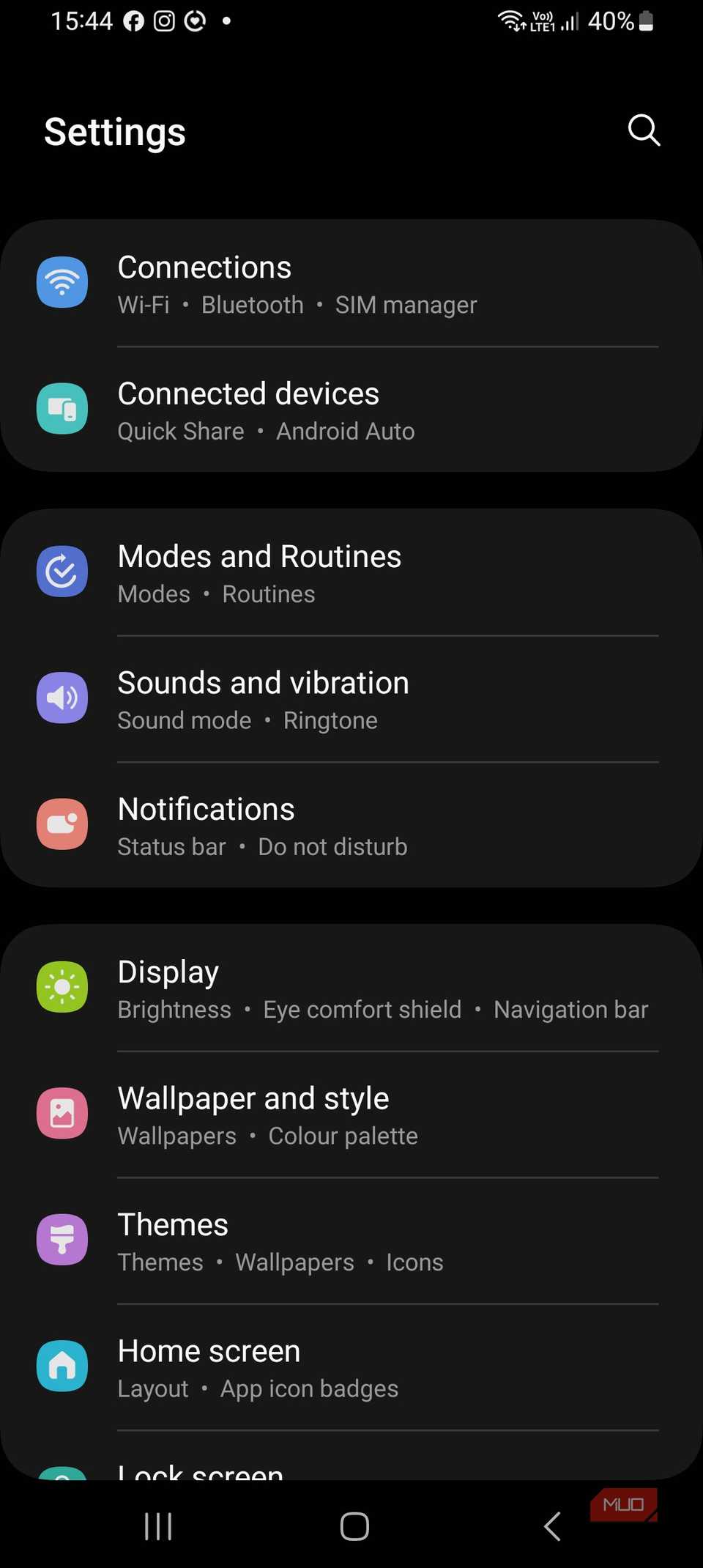 Settings menu in Samsung