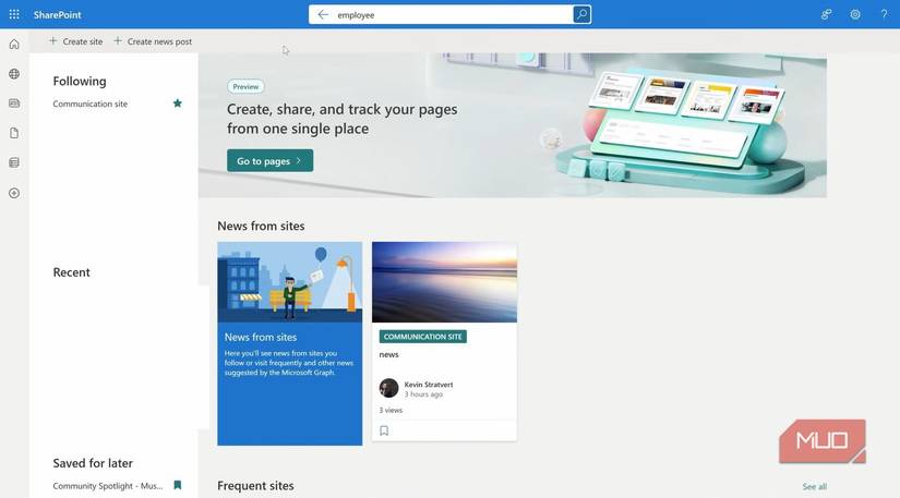 SharePoint home interface