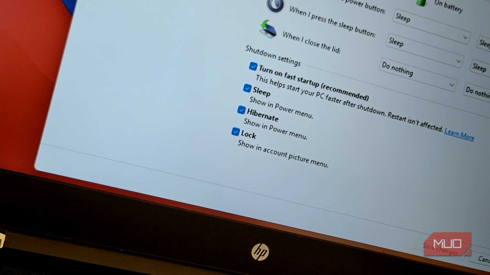 shutdown settings on Control Panel on a HP laptop running Windows 11