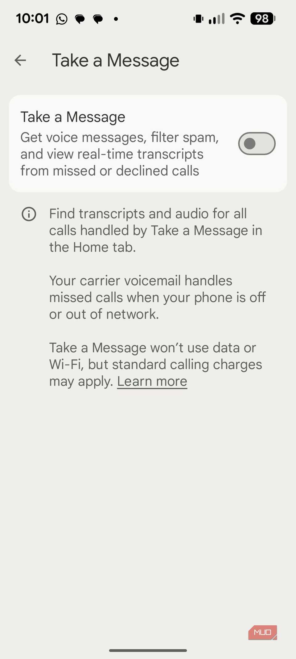 The settings for the Take a Message feature in the Pixel Phone app.