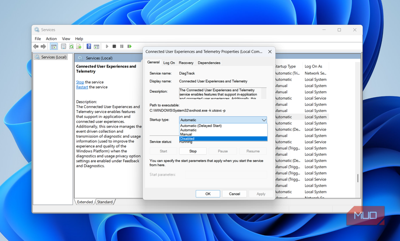 Telemetry service properties on PC