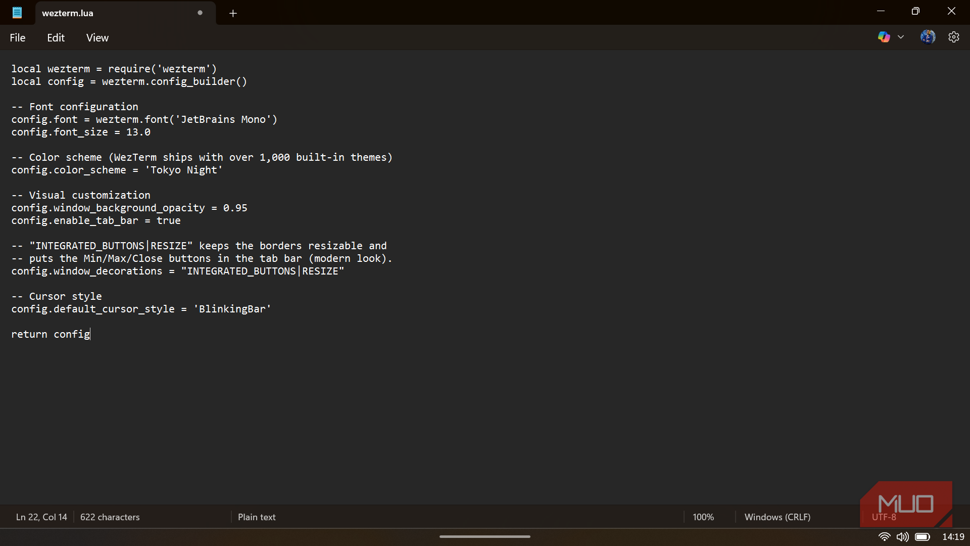 Text editor displaying the Lua configuration script for WezTerm with settings for fonts and color schemes.-1