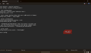 Text editor displaying the Lua configuration script for WezTerm with settings for fonts and color schemes.-1