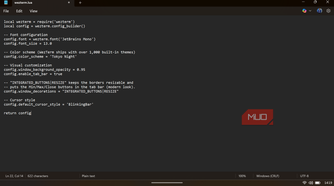 Text editor displaying the Lua configuration script for WezTerm with settings for fonts and color schemes.-1