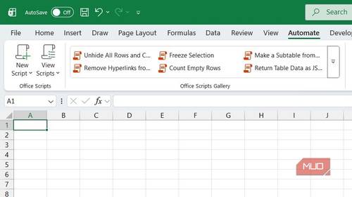 The Automate tab in Excel gives access to Office Scripts for recording and running automation