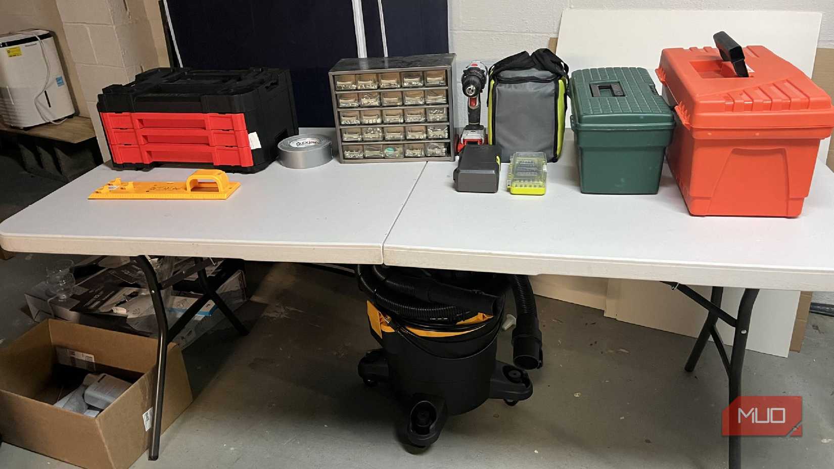 A makeshift tool bench in a basement
