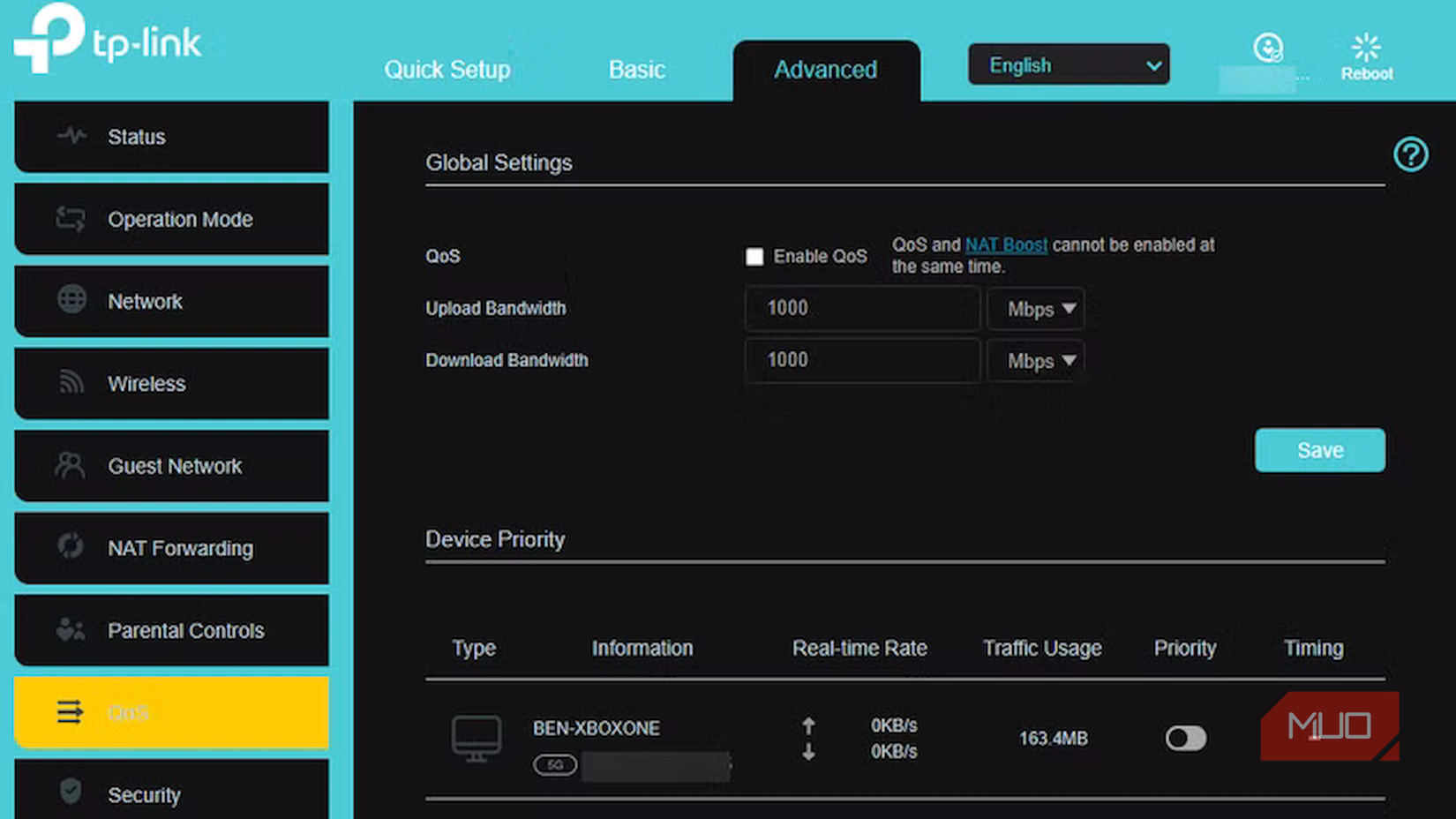 TP Link QoS Options.
