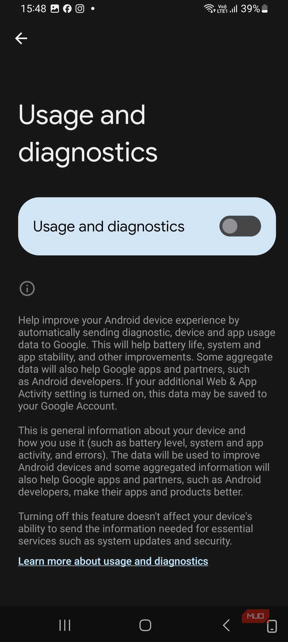 Turn off usage and daignostics on Android