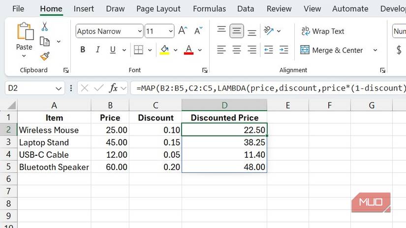 Usando la función MAP para calcular descuentos en Excel