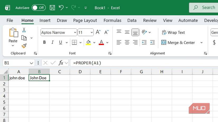 Using the PROPER function in Excel
