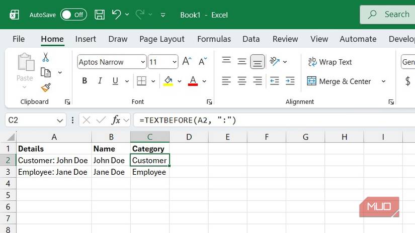Using the TEXTBEFORE function in Excel
