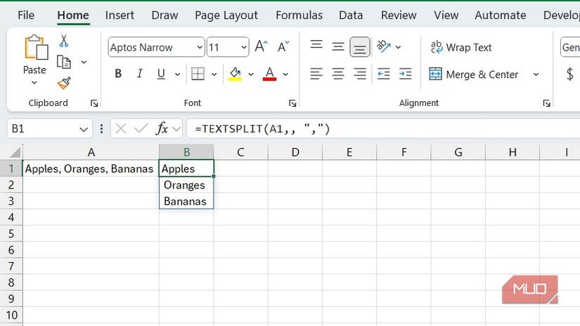 Using the TEXTSPLIT function in Excel