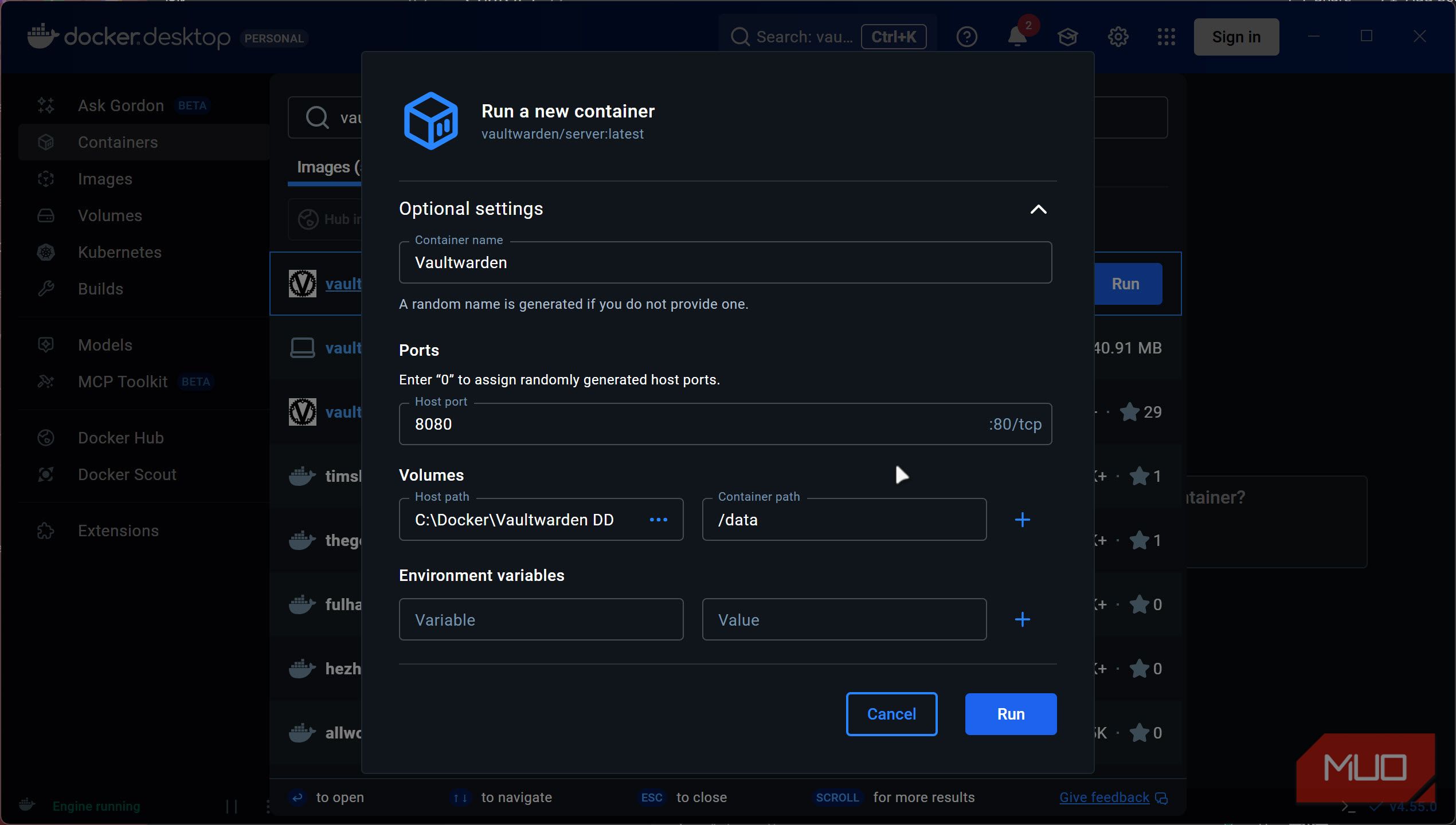 Vaultwarden container settings.