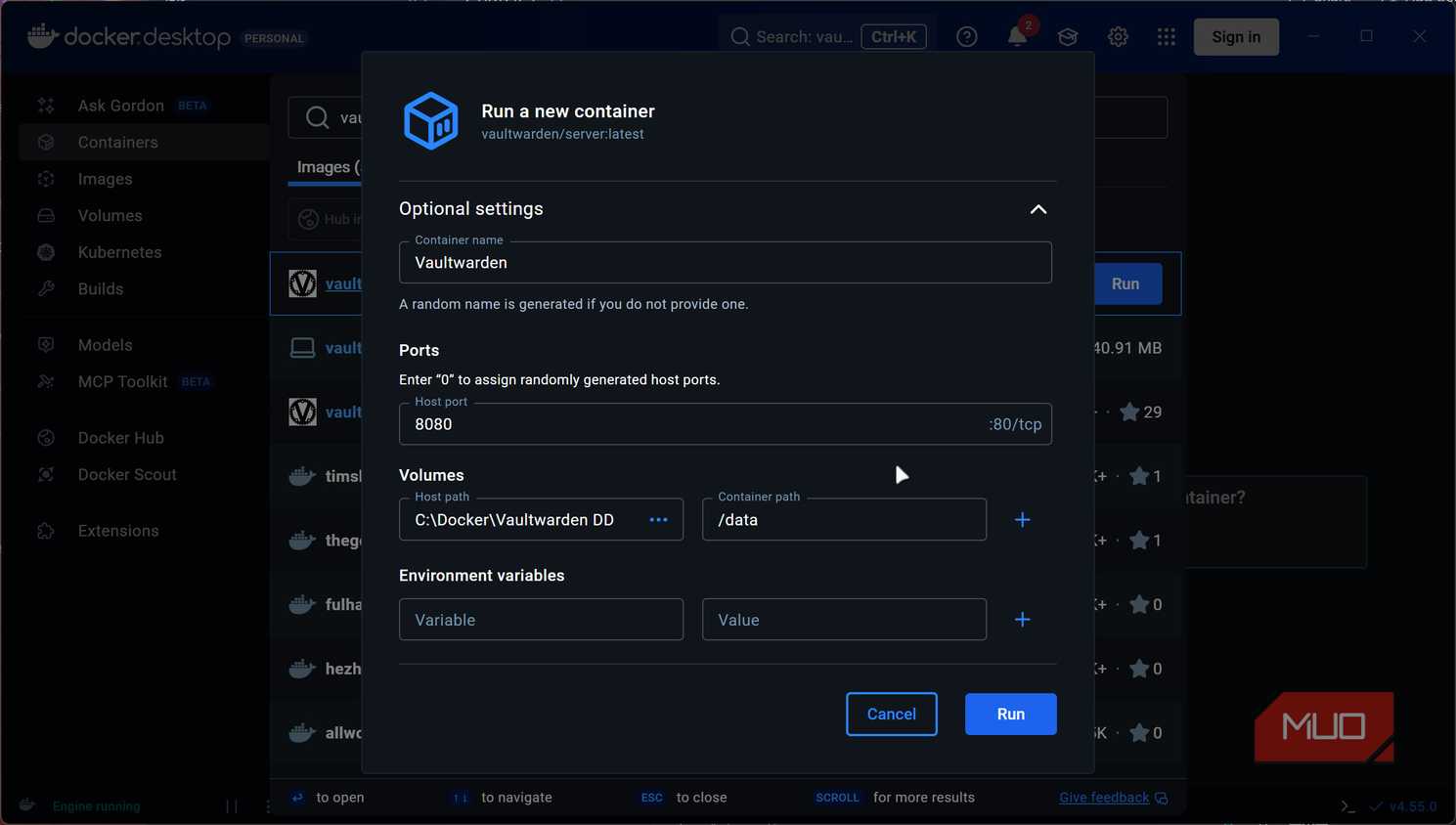 Vaultwarden container settings.