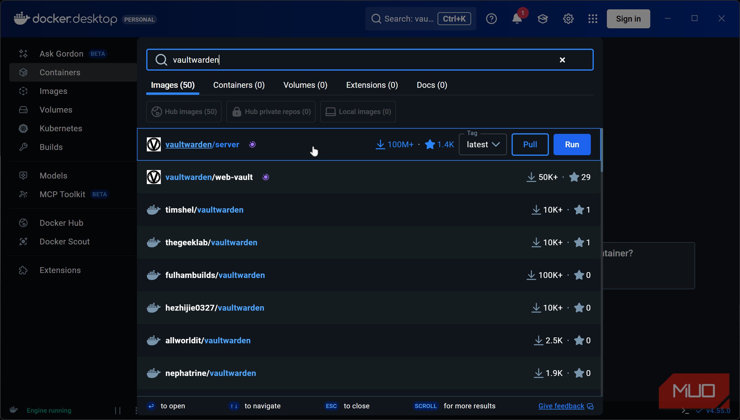 Vaultwarden image in Docker Desktop