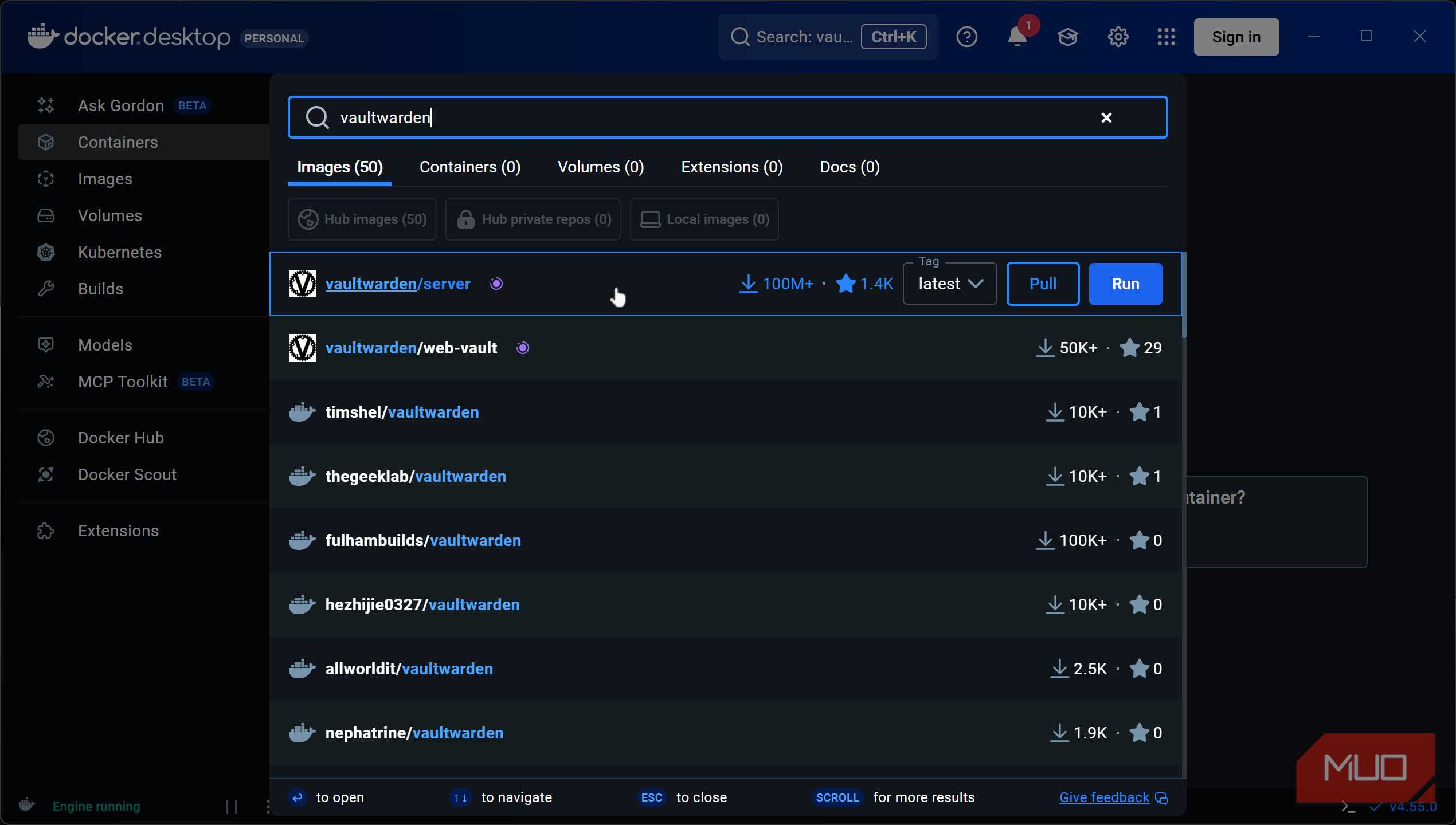 Vaultwarden image in Docker Desktop