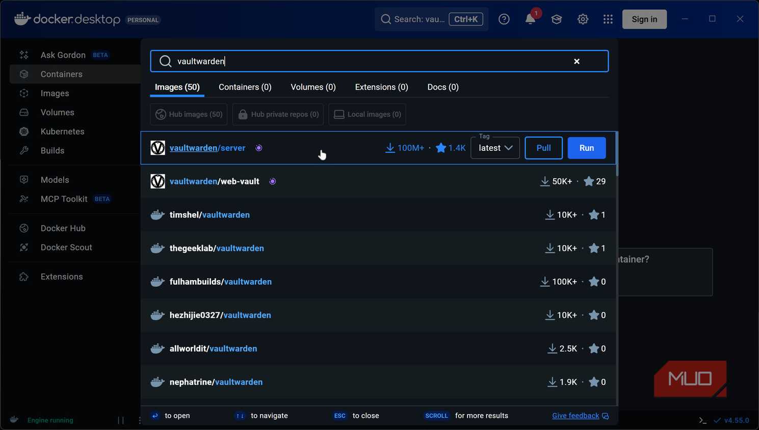 Vaultwarden image in Docker Desktop