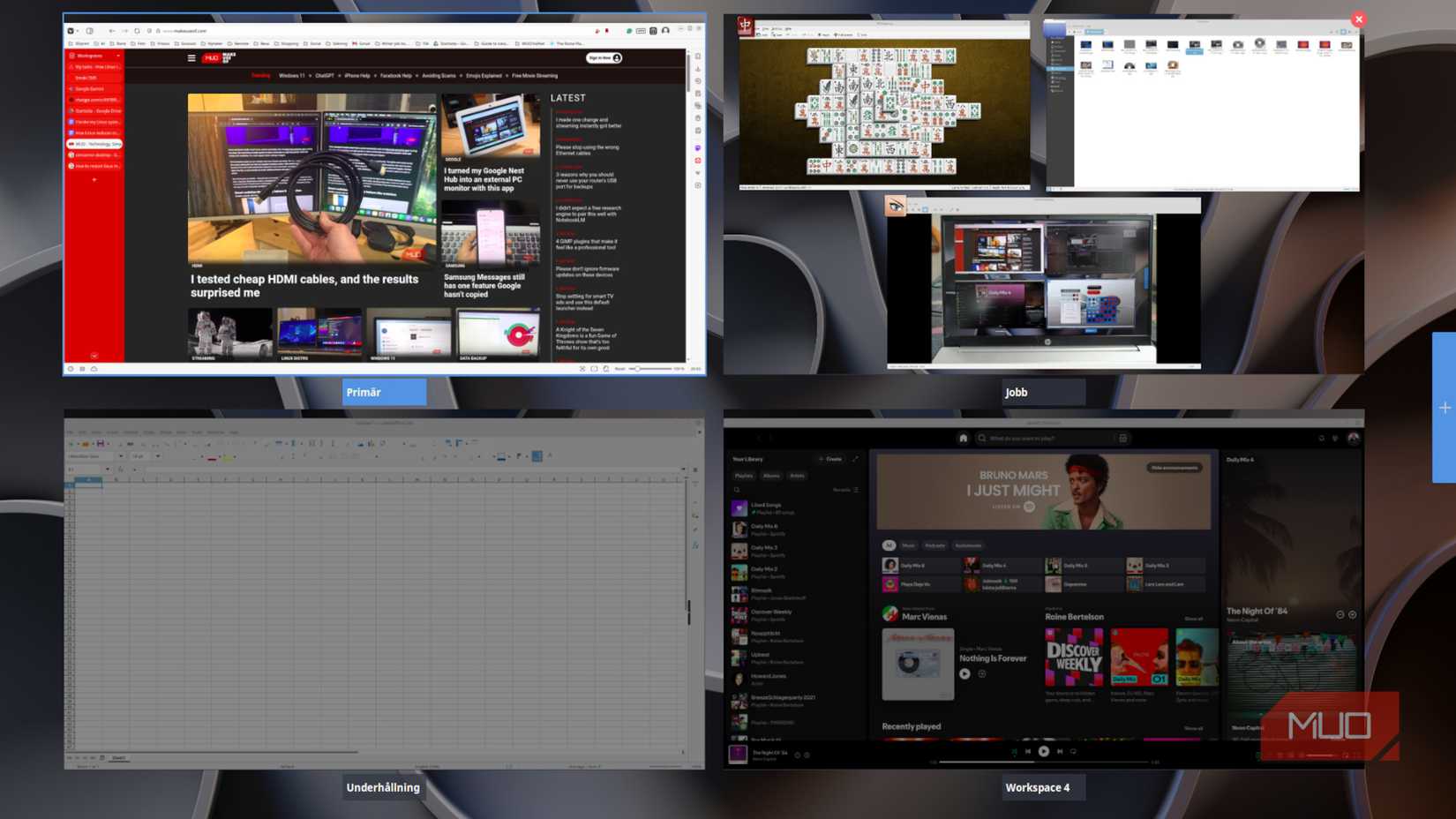 ভার্চুয়াল ওয়ার্কস্পেস প্রতিটি প্রদর্শন এক বা একাধিক অ্যাপ্লিকেশন চলমান.