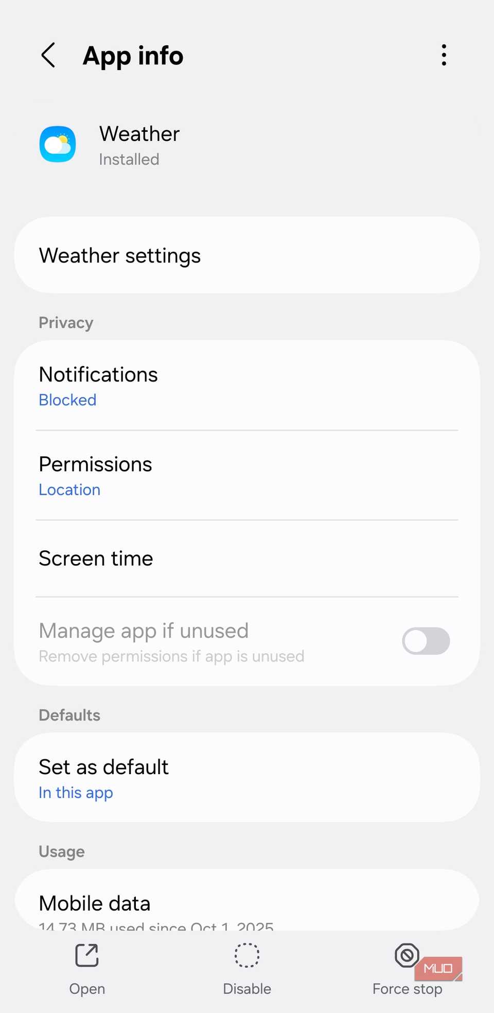 Información de la aplicación meteorológica en el teléfono Galaxy