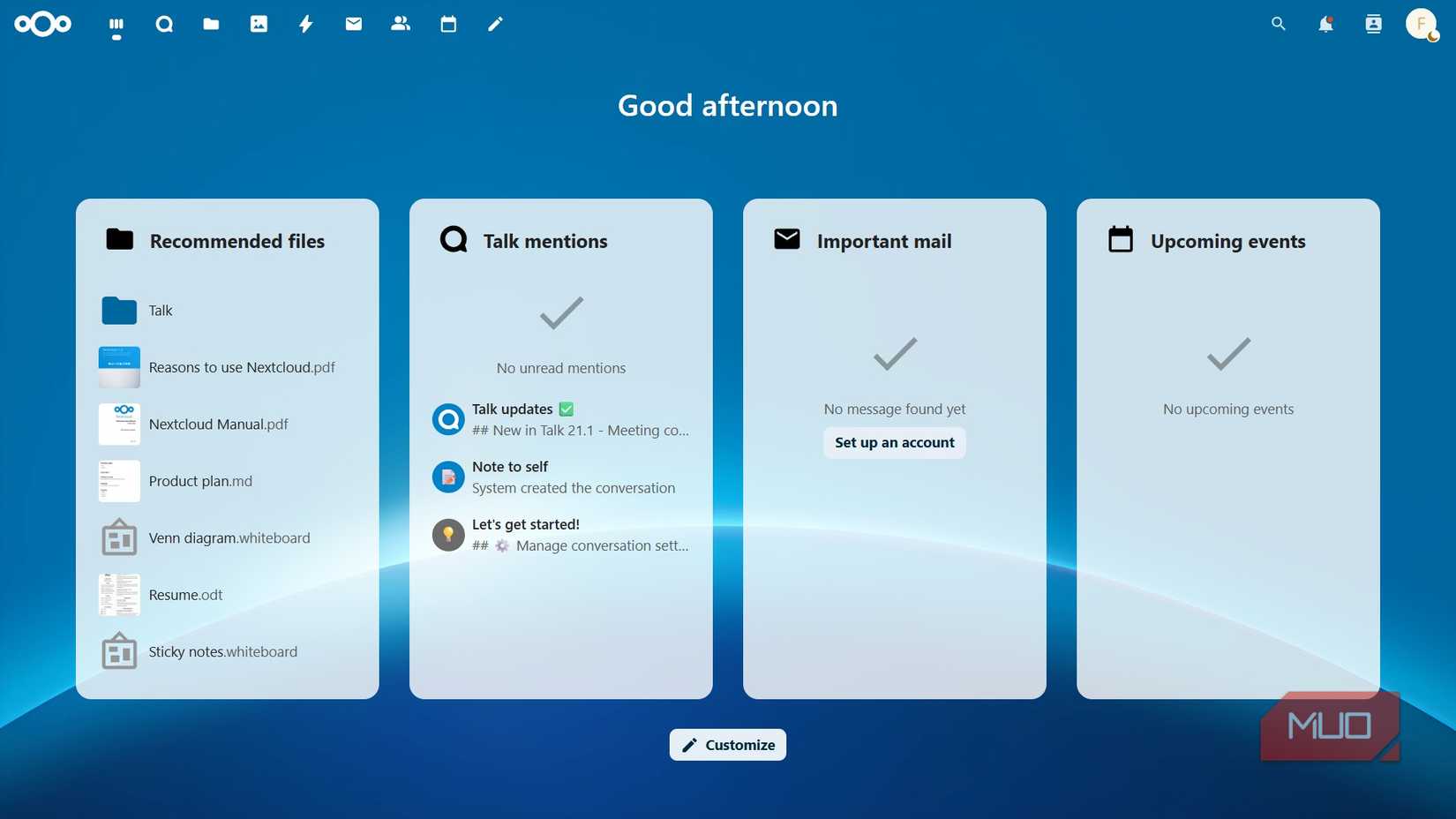 Welcome screen for Nextcloud