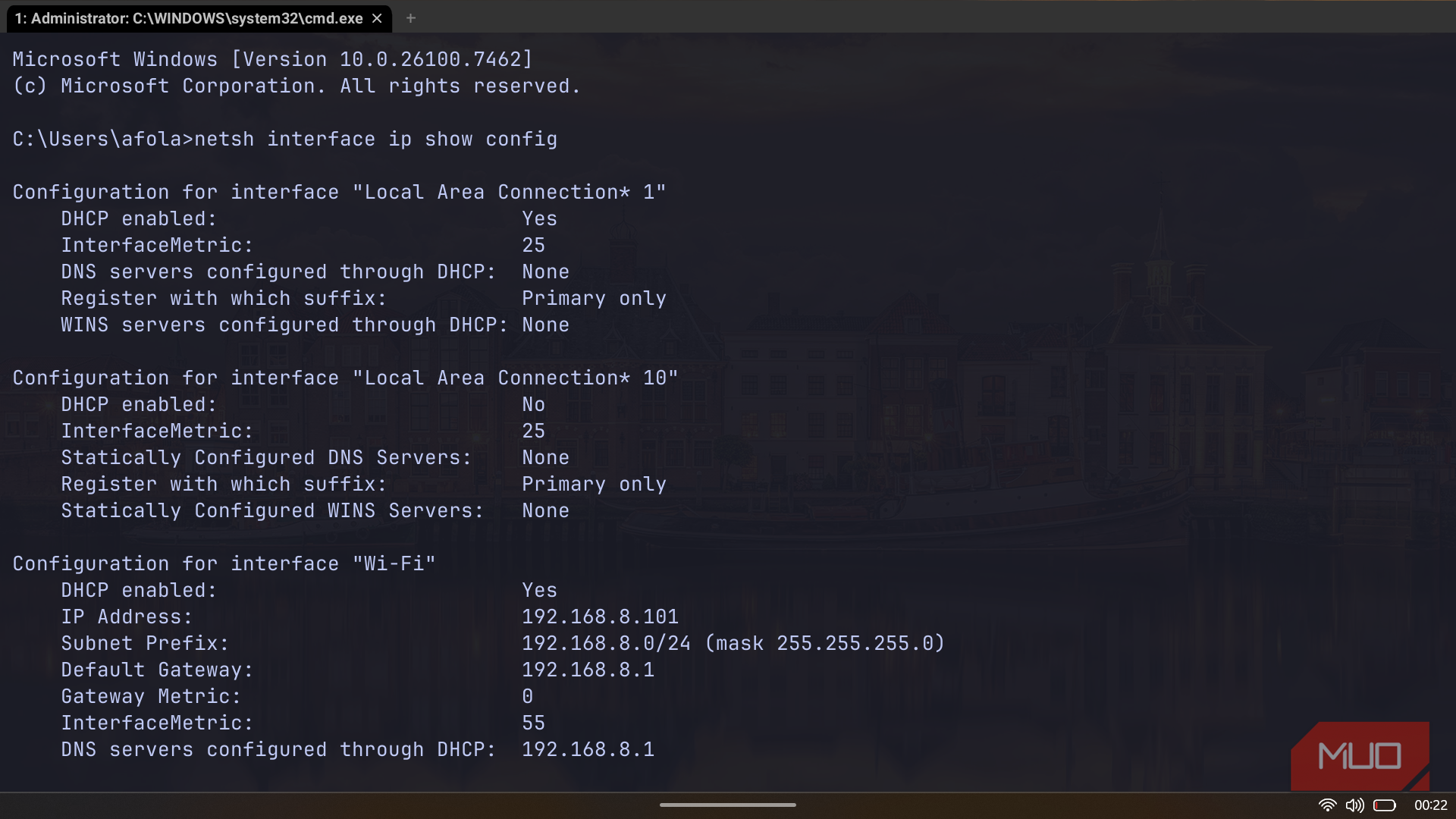 WezTerm displaying network interface IP configurations using the netsh command.