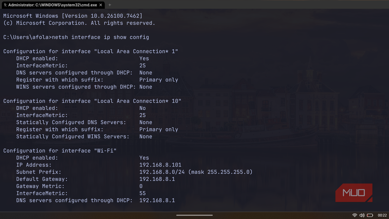 WezTerm displaying network interface IP configurations using the netsh command.