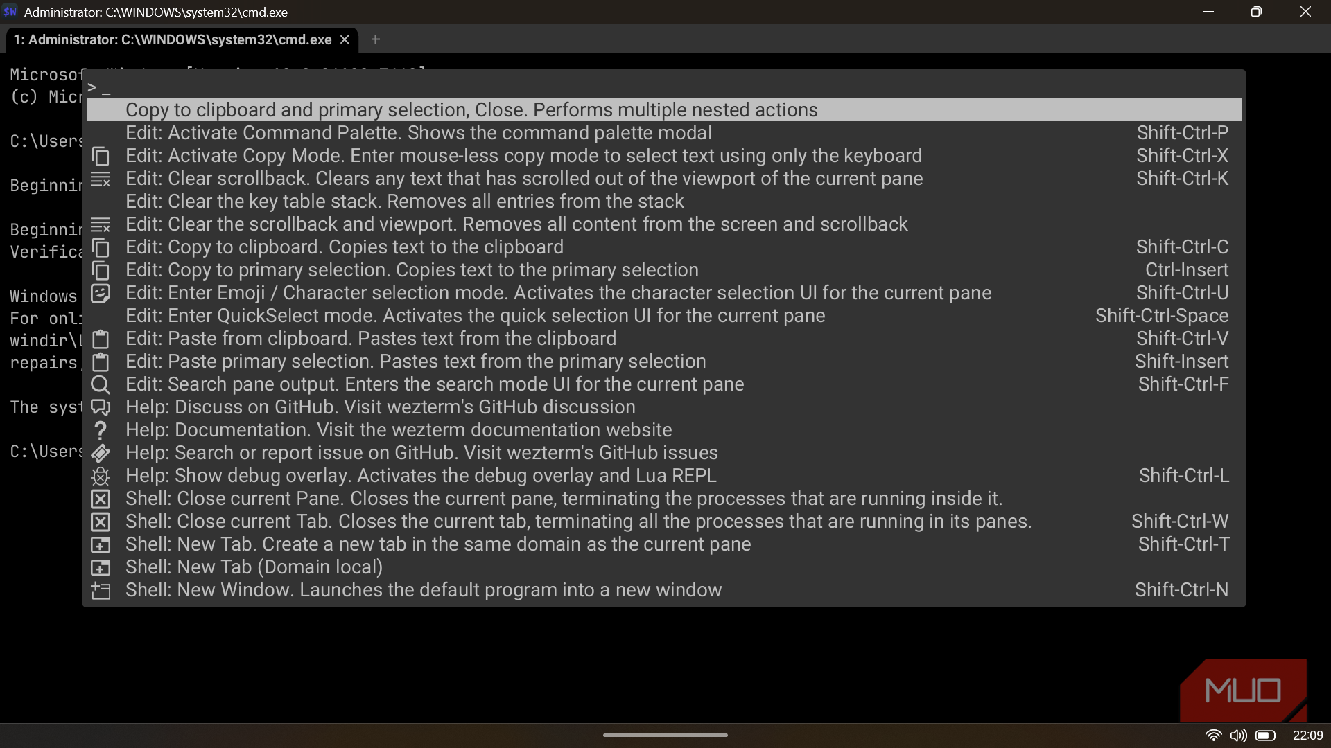 WezTerm interface displaying the command palette overlay with a list of available terminal actions.