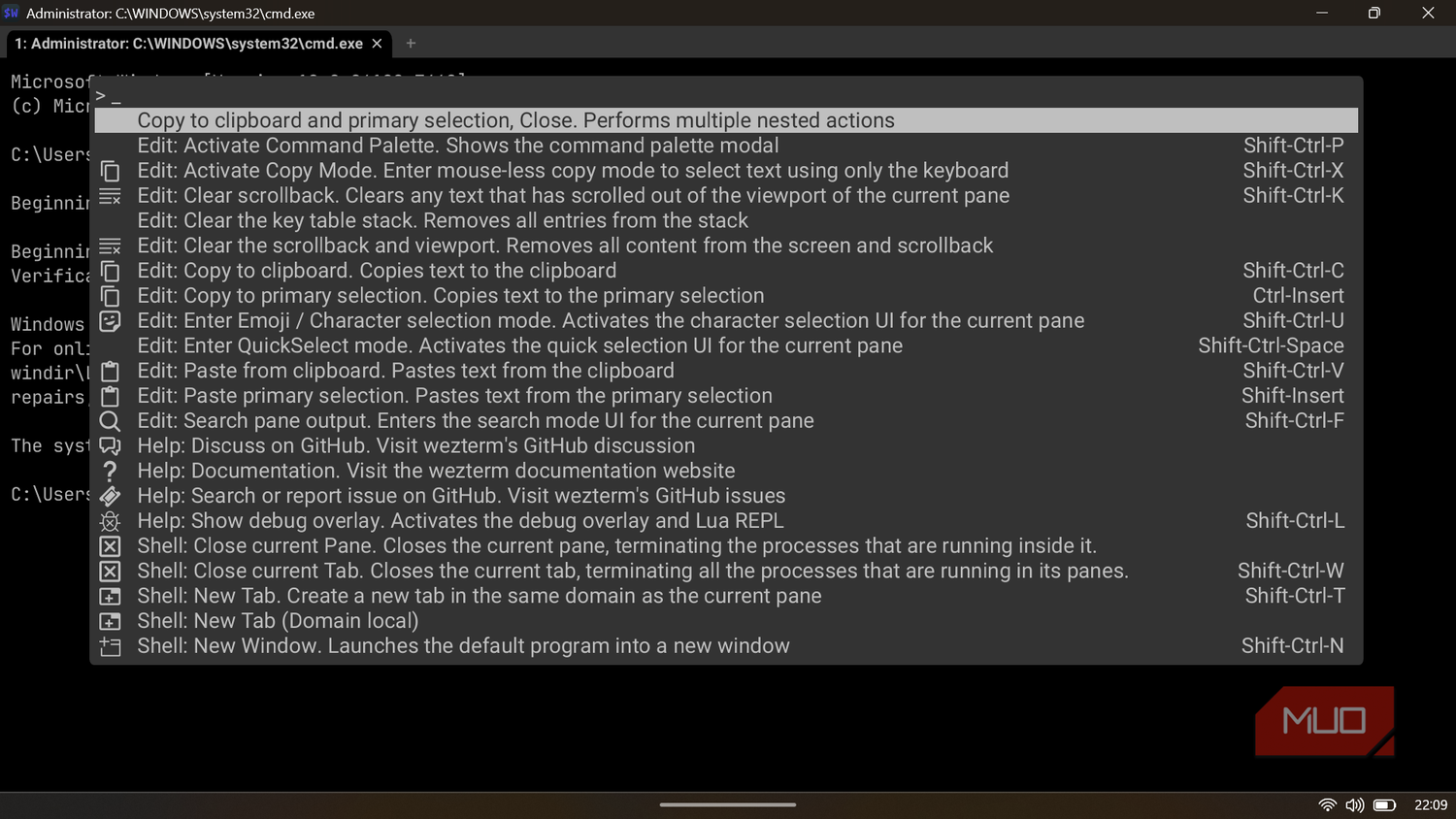 WezTerm interface displaying the command palette overlay with a list of available terminal actions.