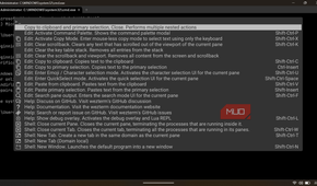 WezTerm interface displaying the command palette overlay with a list of available terminal actions.