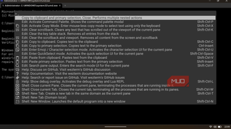 WezTerm interface displaying the command palette overlay with a list of available terminal actions.