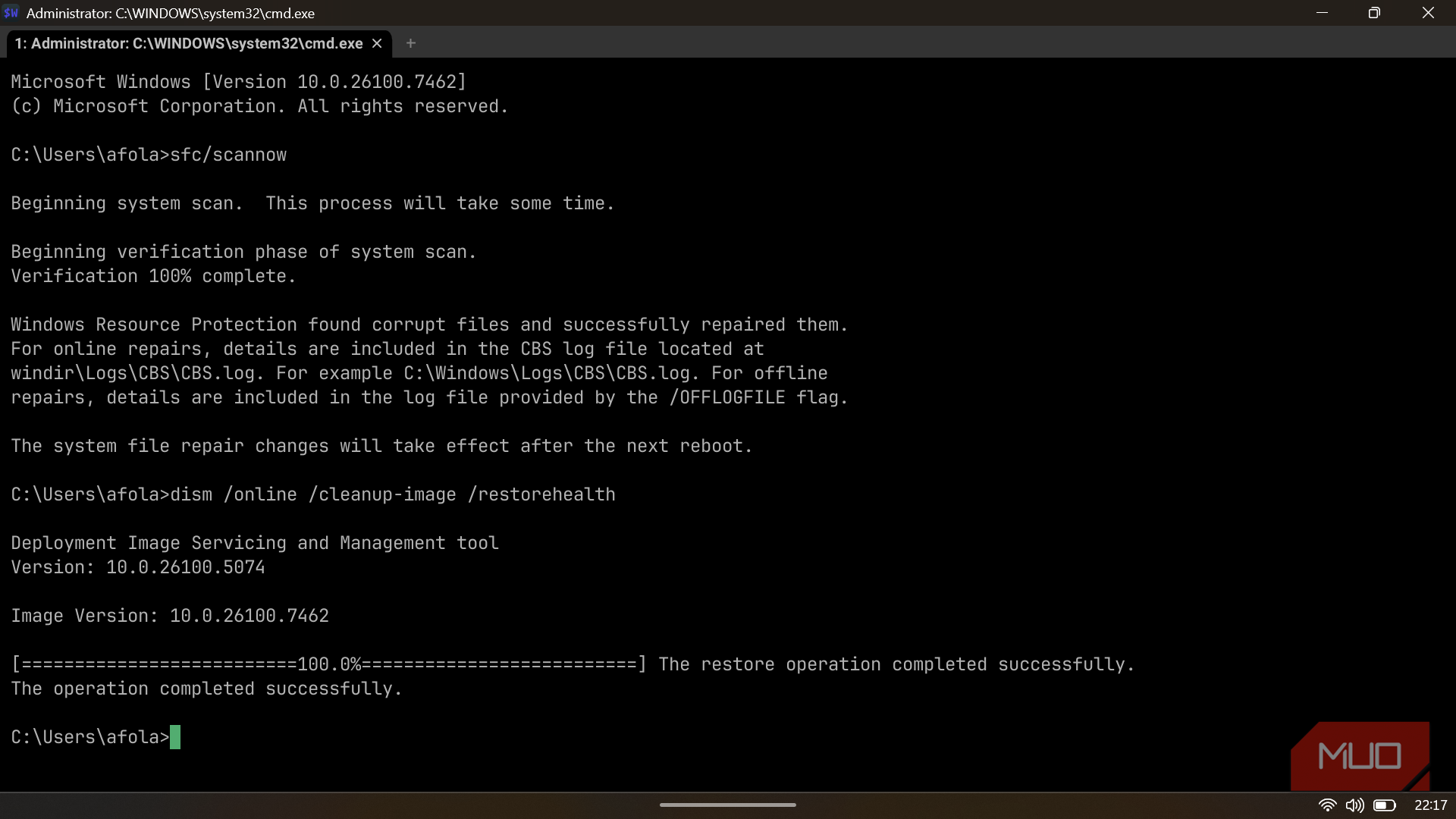 WezTerm terminal showing the successful results of SFC and DISM system repair commands.