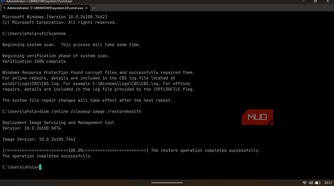 WezTerm terminal showing the successful results of SFC and DISM system repair commands.